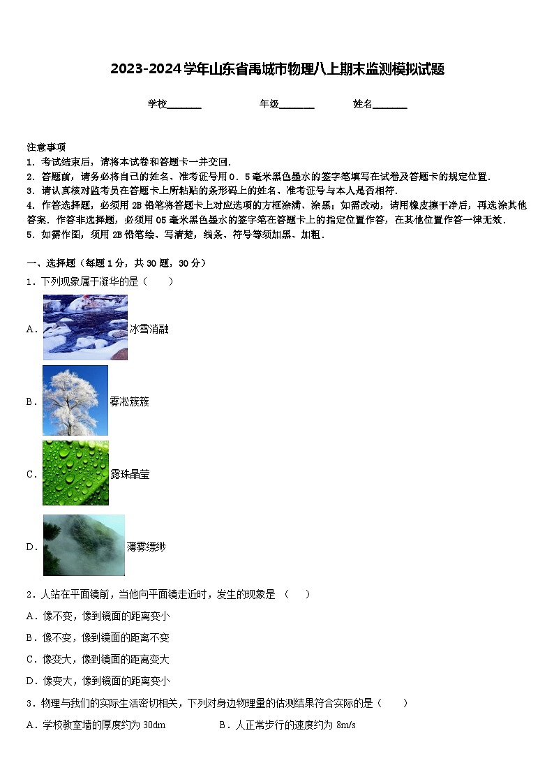 2023-2024学年山东省禹城市物理八上期末监测模拟试题含答案第1页