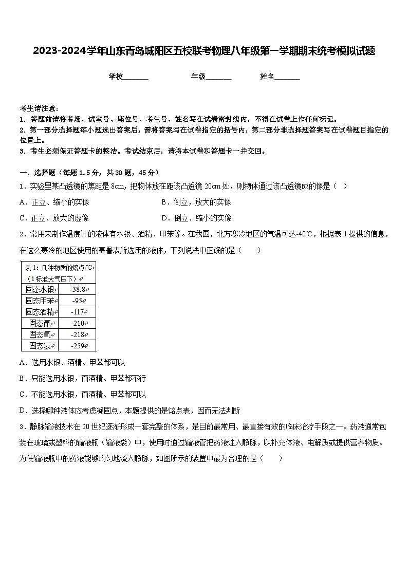 2023-2024学年山东青岛城阳区五校联考物理八年级第一学期期末统考模拟试题含答案第1页