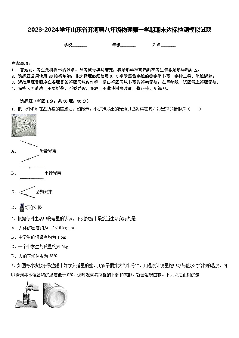 2023-2024学年山东省齐河县八年级物理第一学期期末达标检测模拟试题含答案第1页