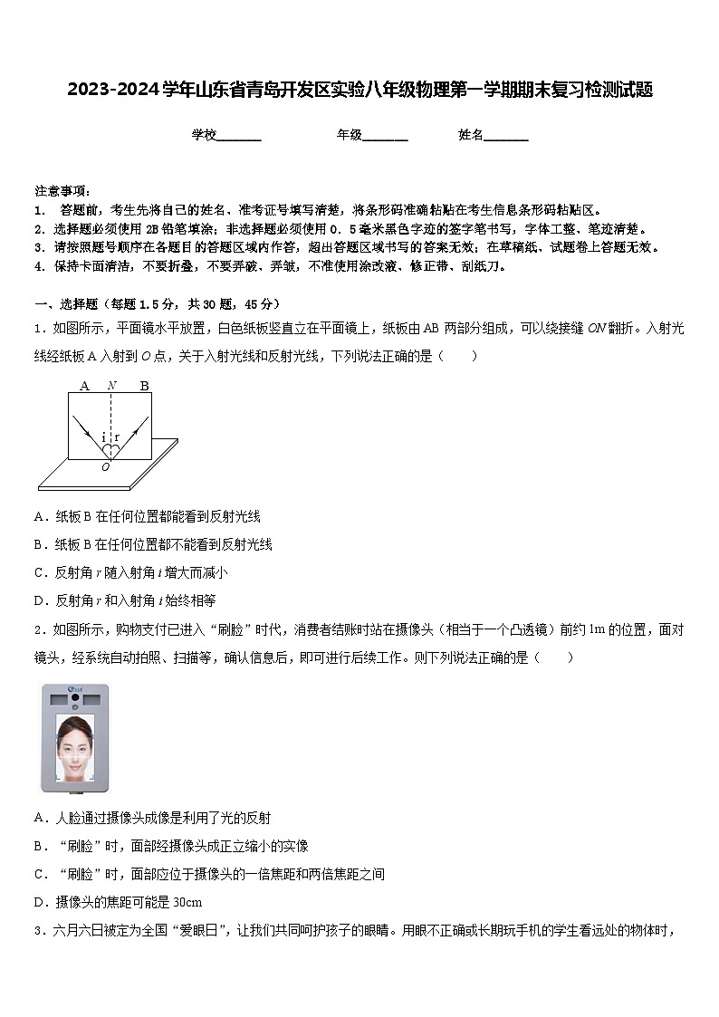 2023-2024学年山东省青岛开发区实验八年级物理第一学期期末复习检测试题含答案01