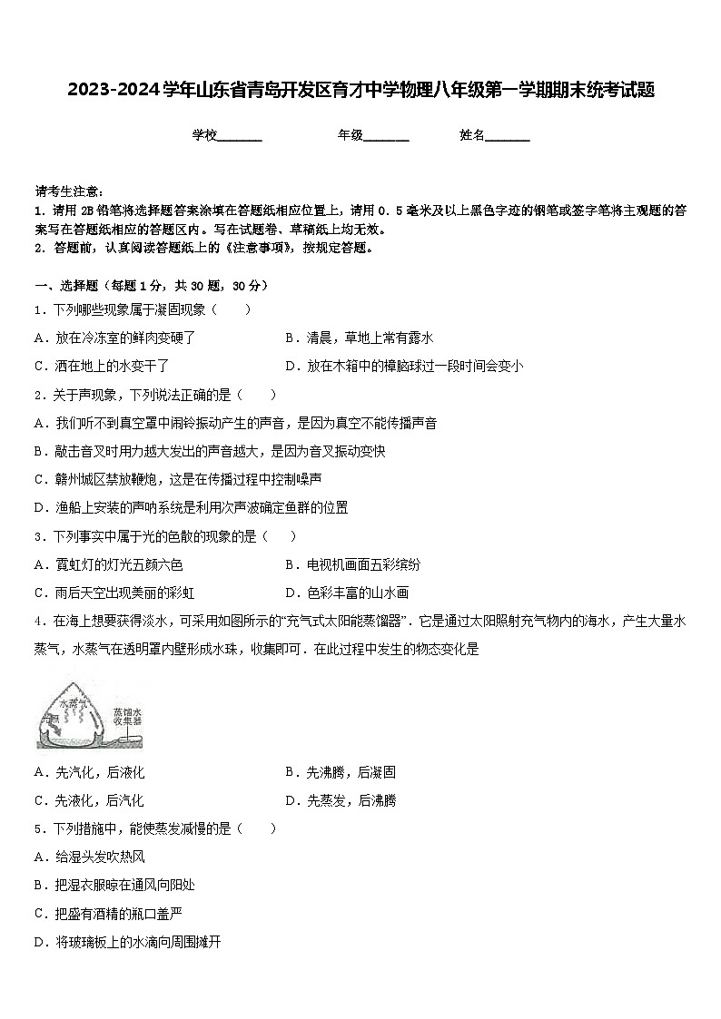 2023-2024学年山东省青岛开发区育才中学物理八年级第一学期期末统考试题含答案第1页