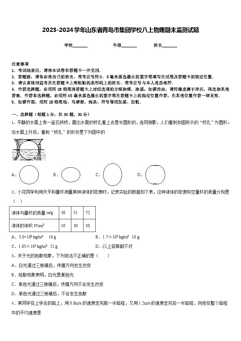 2023-2024学年山东省青岛市集团学校八上物理期末监测试题含答案01