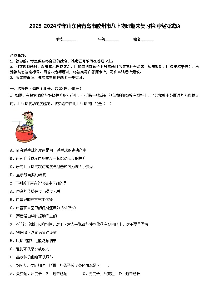 2023-2024学年山东省青岛市胶州市八上物理期末复习检测模拟试题含答案第1页