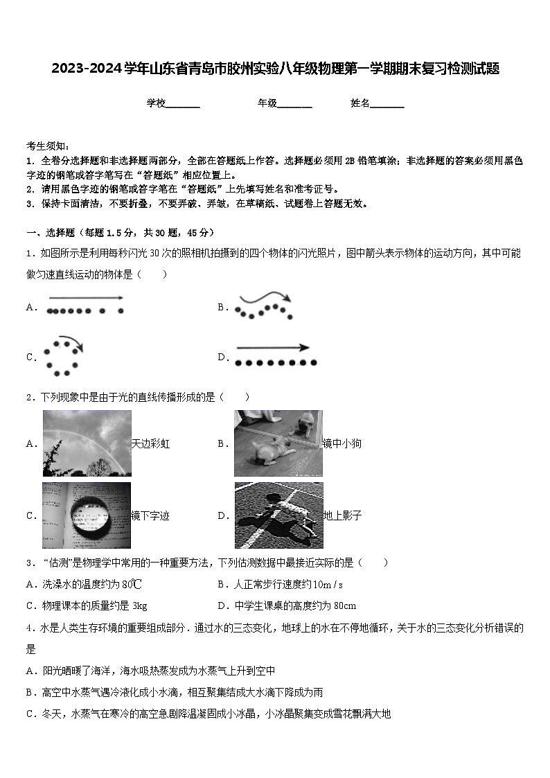 2023-2024学年山东省青岛市胶州实验八年级物理第一学期期末复习检测试题含答案01