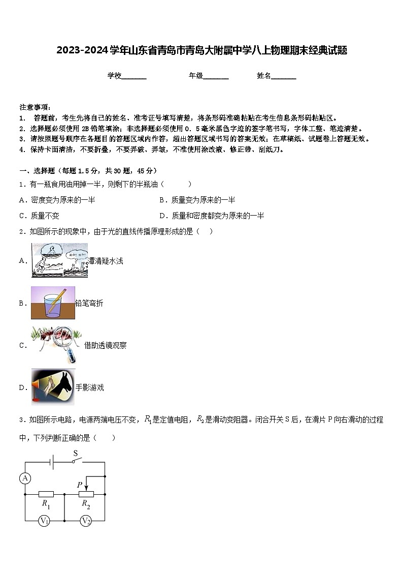2023-2024学年山东省青岛市青岛大附属中学八上物理期末经典试题含答案第1页