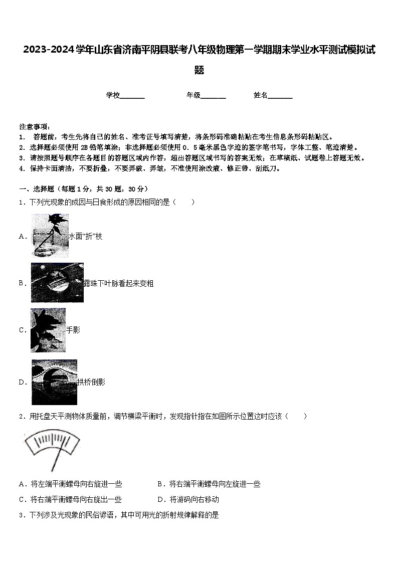 2023-2024学年山东省济南平阴县联考八年级物理第一学期期末学业水平测试模拟试题含答案01