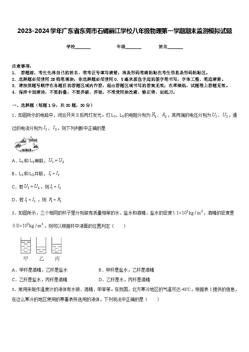 2023-2024学年广东省东莞市石碣丽江学校八年级物理第一学期期末监测模拟试题含答案第1页