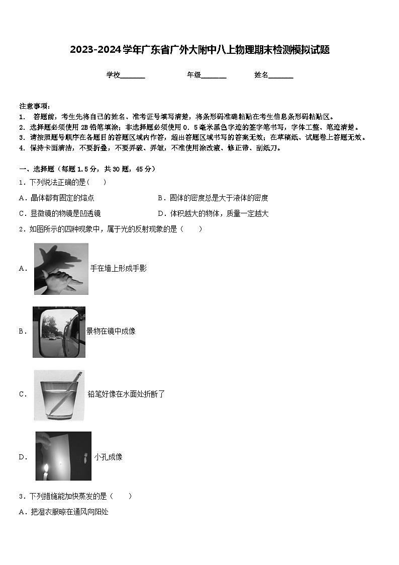 2023-2024学年广东省广外大附中八上物理期末检测模拟试题含答案第1页