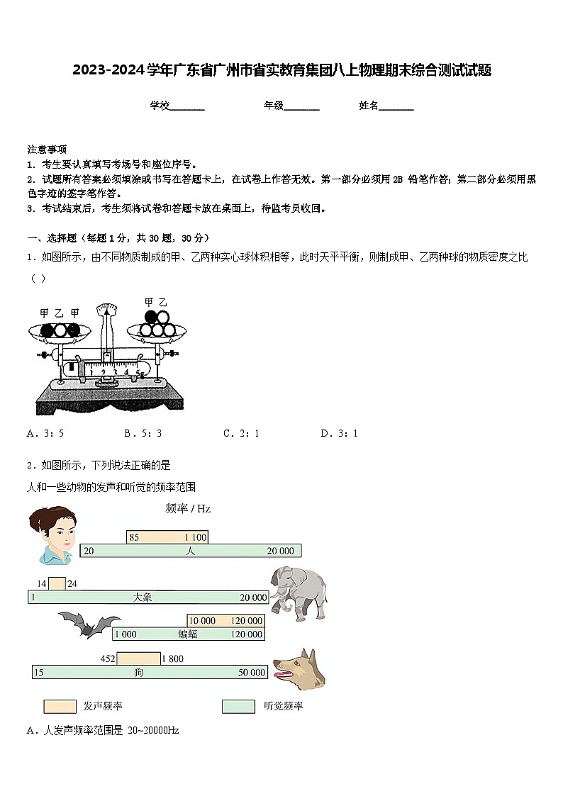 2023-2024学年广东省广州市省实教育集团八上物理期末综合测试试题含答案第1页