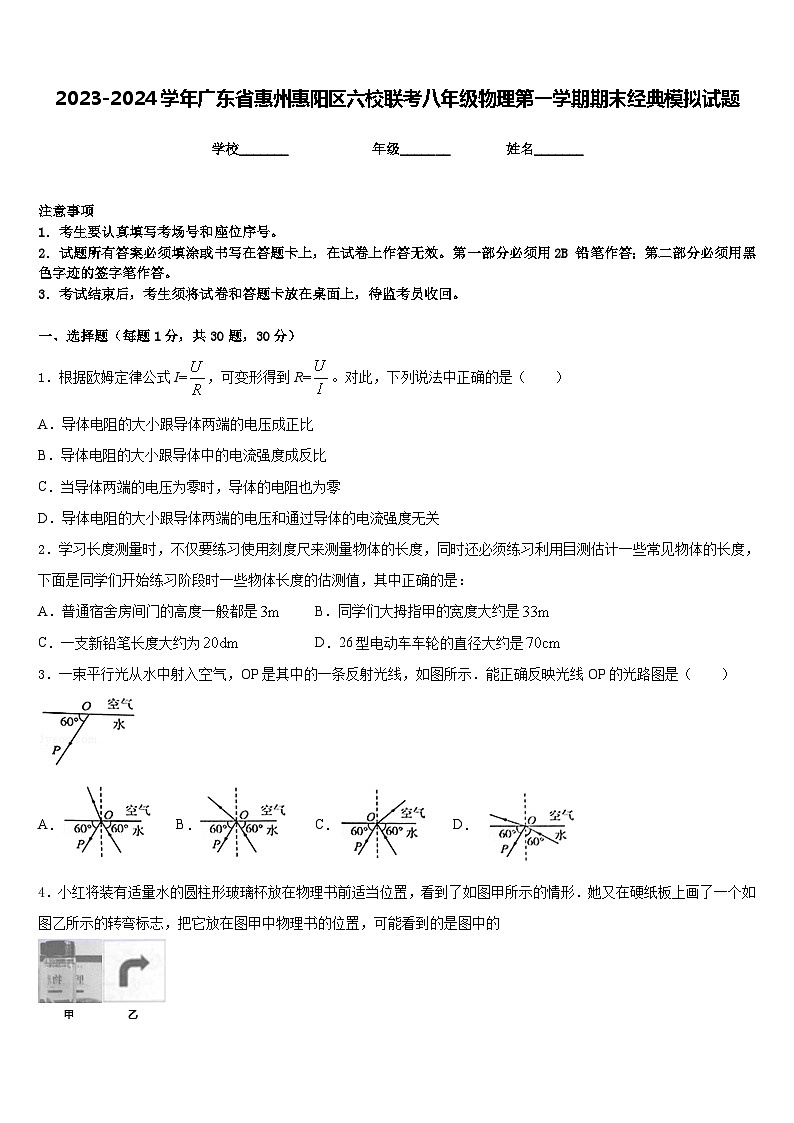 2023-2024学年广东省惠州惠阳区六校联考八年级物理第一学期期末经典模拟试题含答案第1页