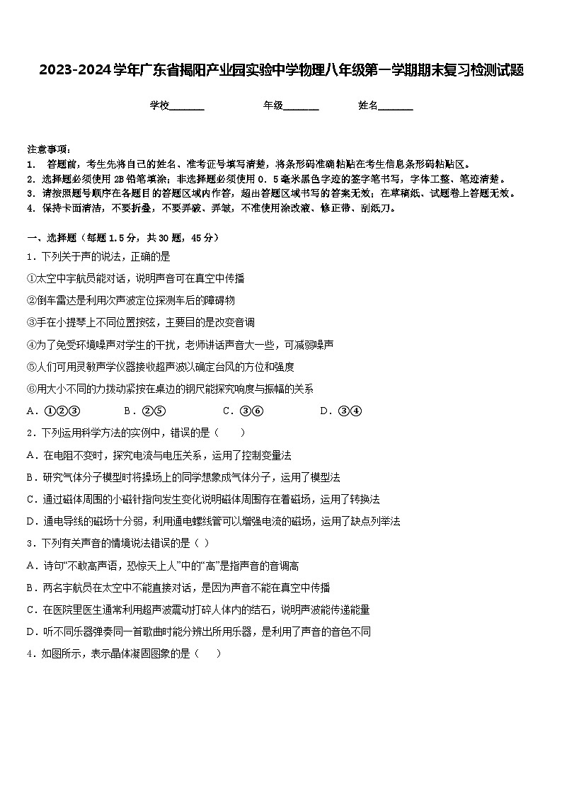 2023-2024学年广东省揭阳产业园实验中学物理八年级第一学期期末复习检测试题含答案第1页