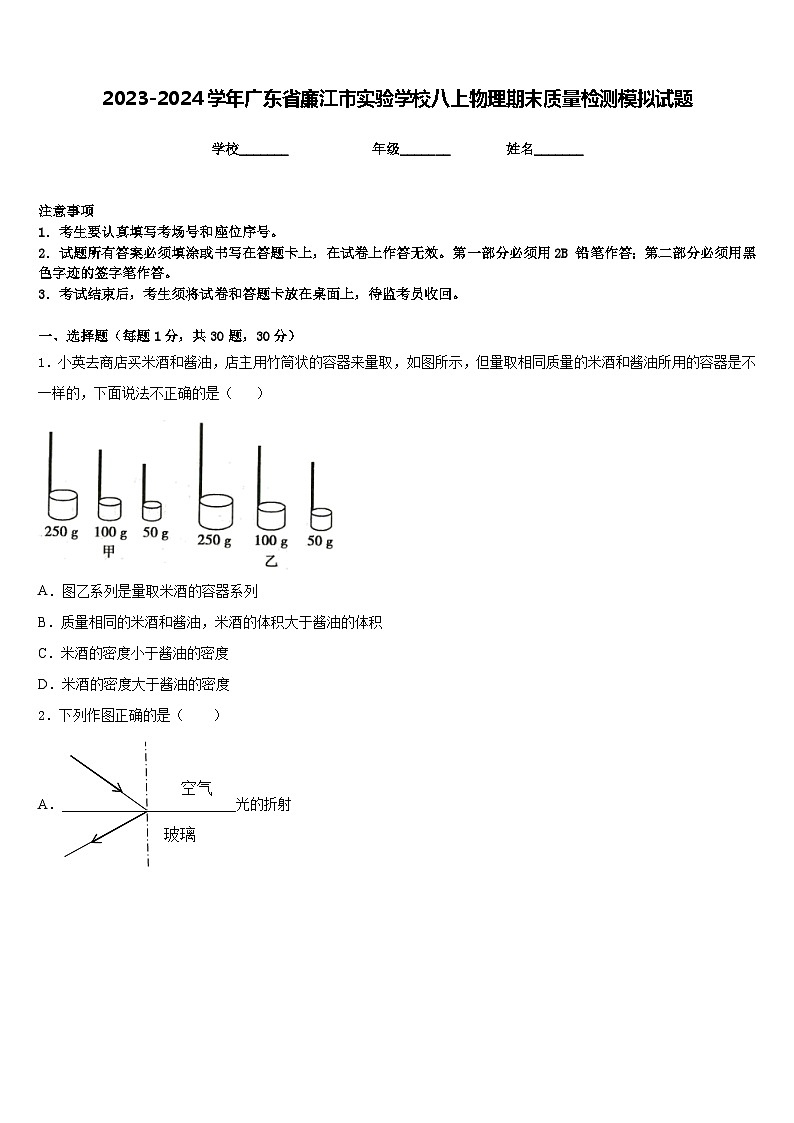 2023-2024学年广东省廉江市实验学校八上物理期末质量检测模拟试题含答案01