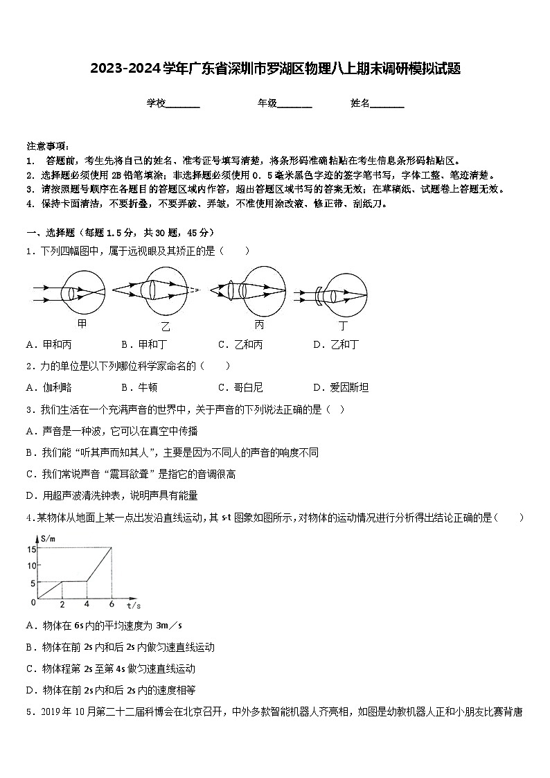2023-2024学年广东省深圳市罗湖区物理八上期末调研模拟试题含答案第1页