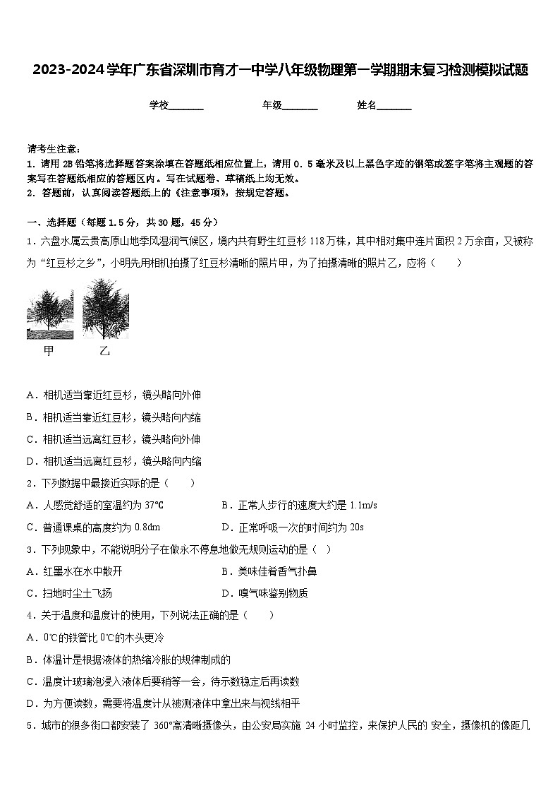 2023-2024学年广东省深圳市育才一中学八年级物理第一学期期末复习检测模拟试题含答案01