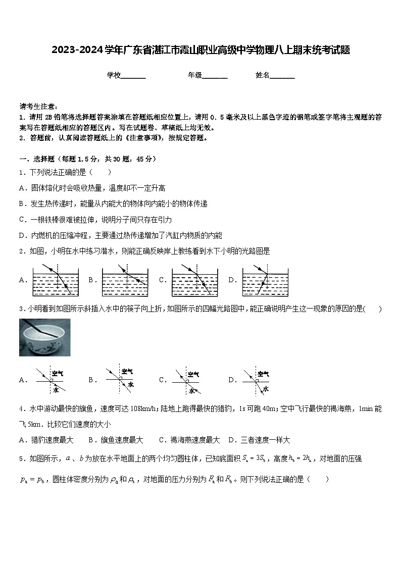 2023-2024学年广东省湛江市霞山职业高级中学物理八上期末统考试题含答案第1页