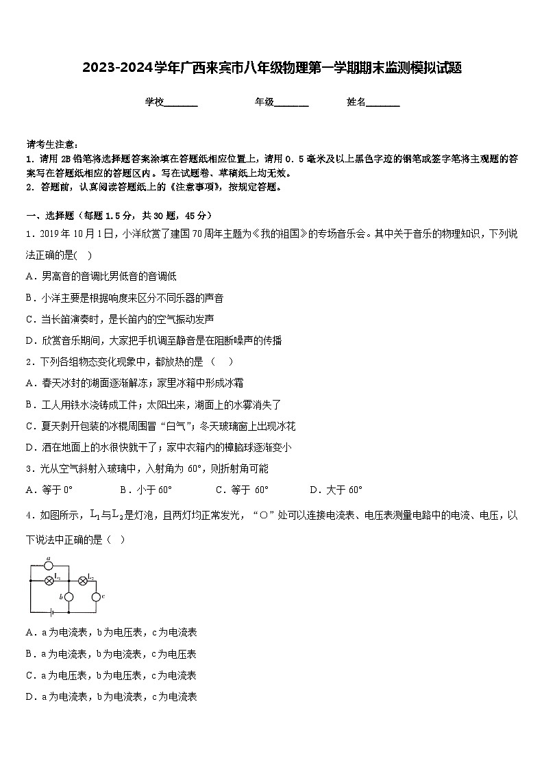 2023-2024学年广西来宾市八年级物理第一学期期末监测模拟试题含答案01