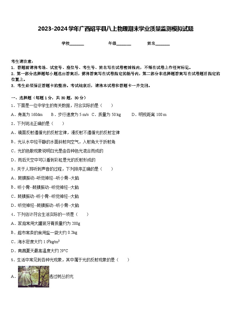 2023-2024学年广西昭平县八上物理期末学业质量监测模拟试题含答案第1页