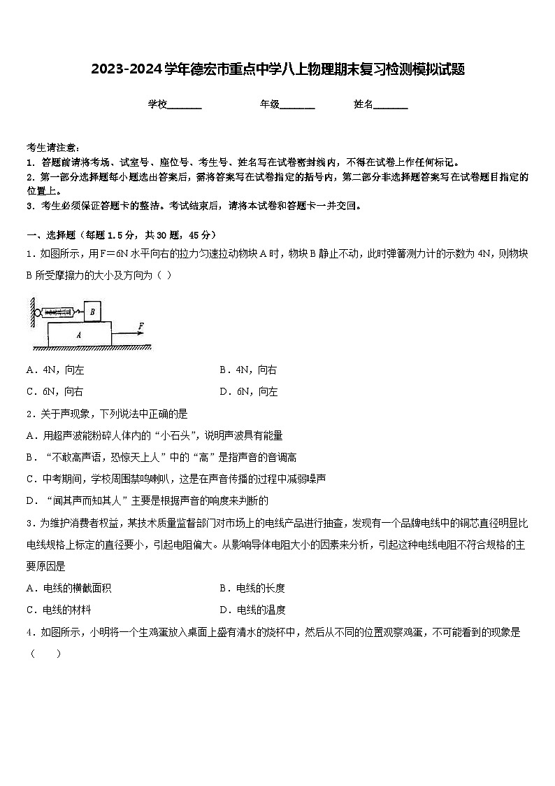 2023-2024学年德宏市重点中学八上物理期末复习检测模拟试题含答案第1页