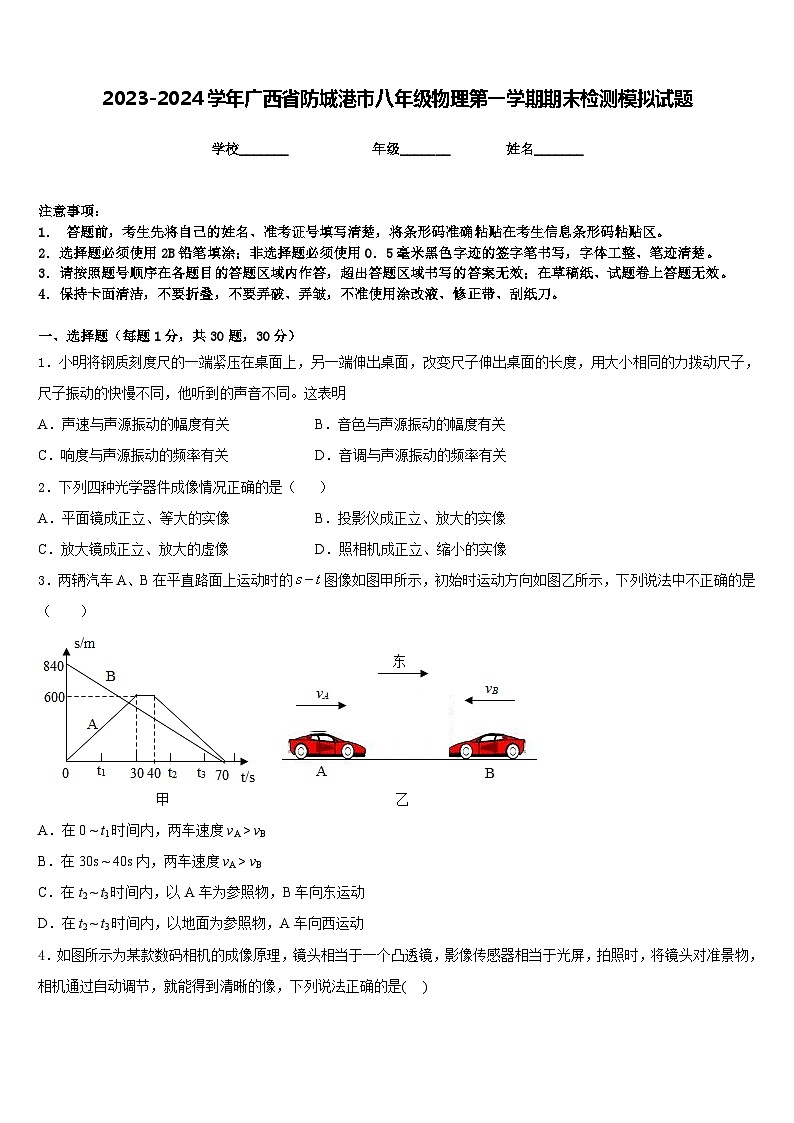 2023-2024学年广西省防城港市八年级物理第一学期期末检测模拟试题含答案01