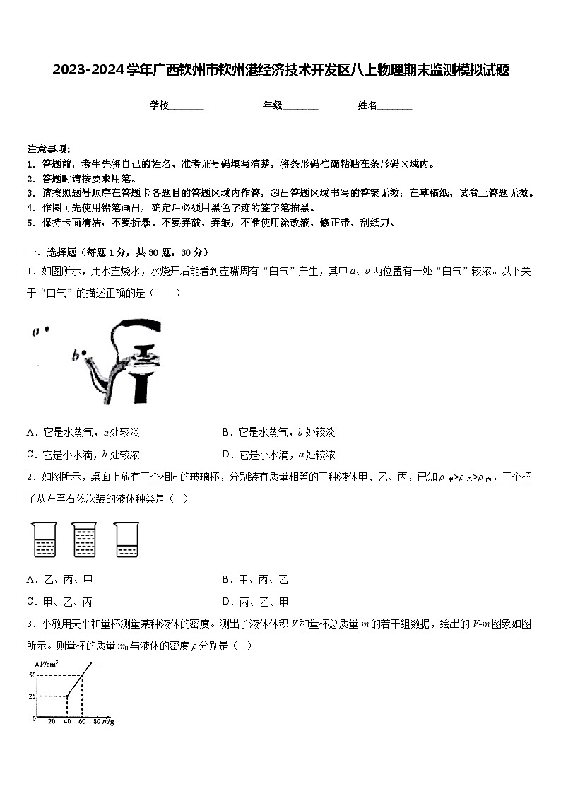 2023-2024学年广西钦州市钦州港经济技术开发区八上物理期末监测模拟试题含答案第1页