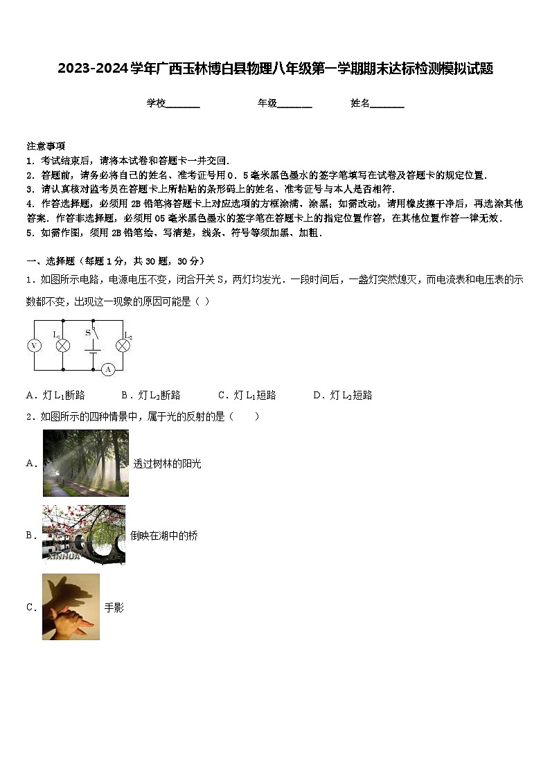 2023-2024学年广西玉林博白县物理八年级第一学期期末达标检测模拟试题含答案第1页