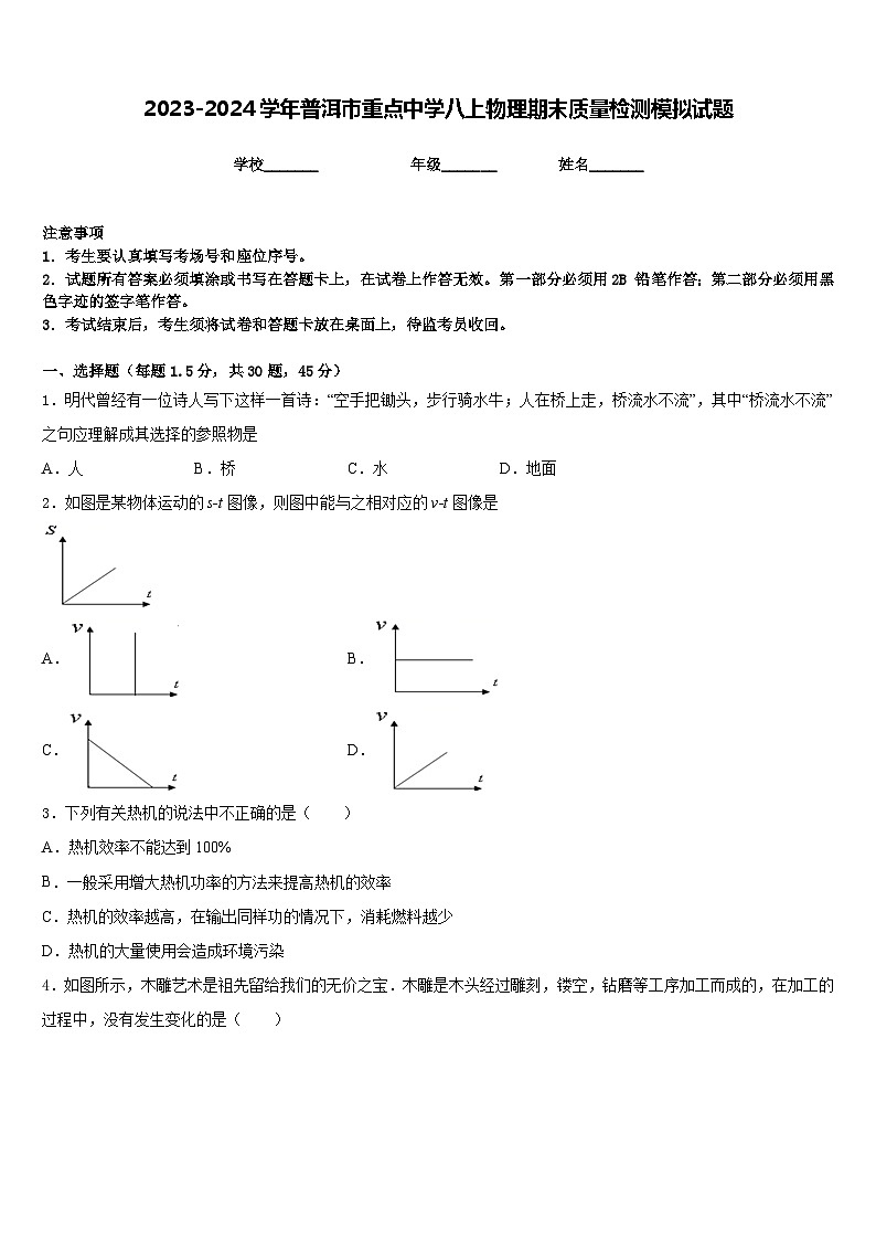 2023-2024学年普洱市重点中学八上物理期末质量检测模拟试题含答案第1页