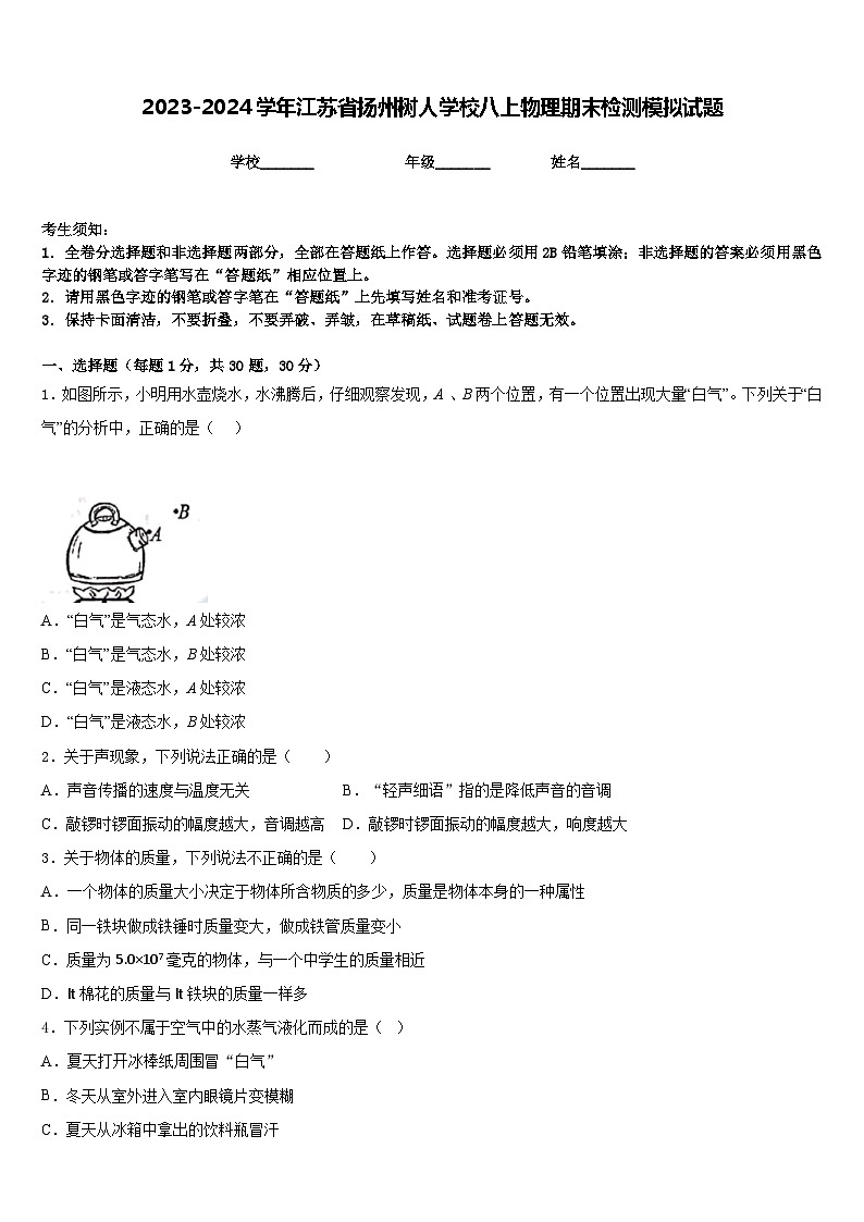 2023-2024学年江苏省扬州树人学校八上物理期末检测模拟试题含答案01