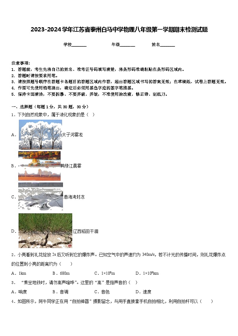 2023-2024学年江苏省泰州白马中学物理八年级第一学期期末检测试题含答案第1页