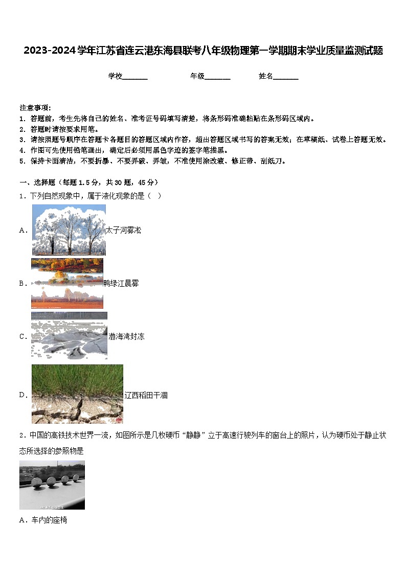 2023-2024学年江苏省连云港东海县联考八年级物理第一学期期末学业质量监测试题含答案第1页