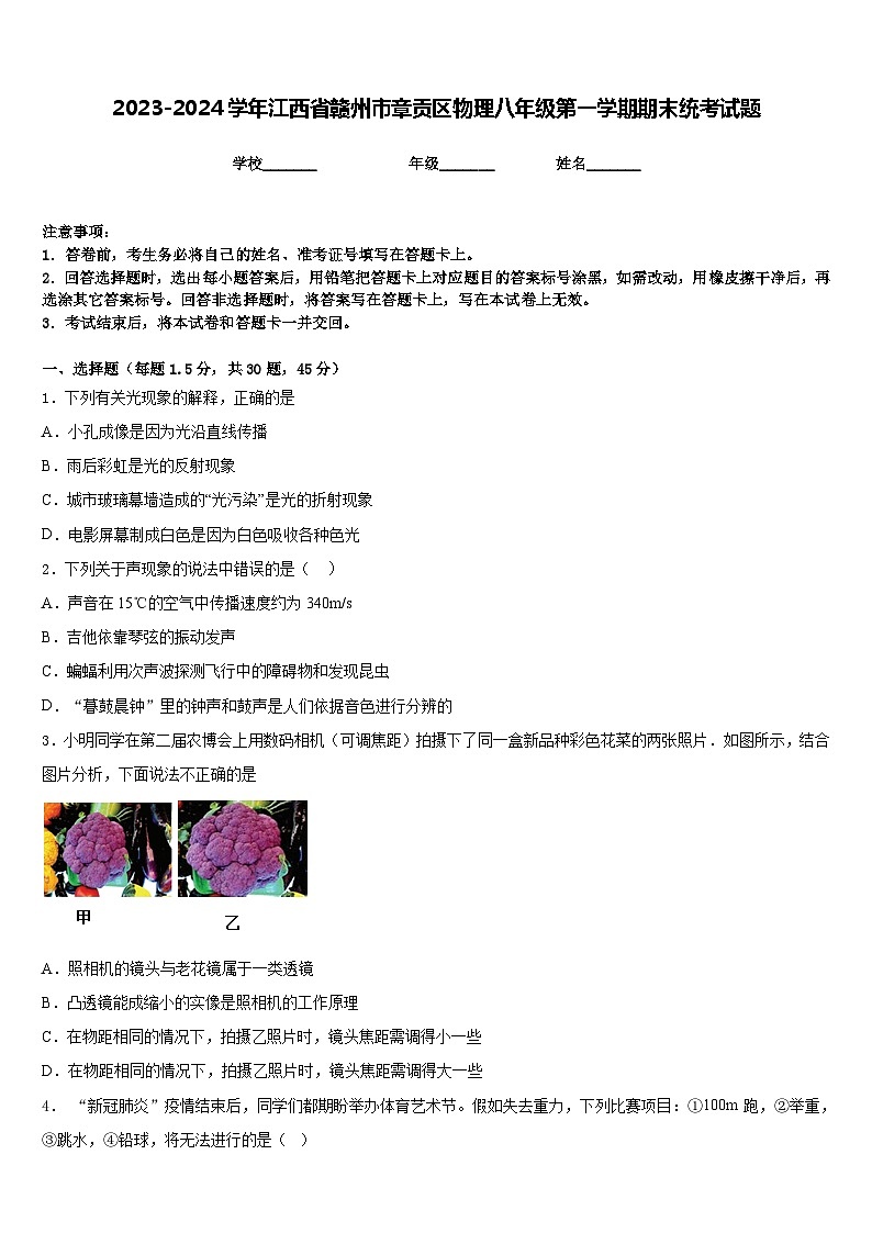 2023-2024学年江西省赣州市章贡区物理八年级第一学期期末统考试题含答案第1页