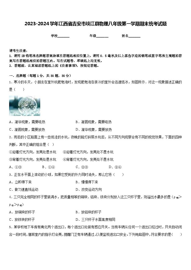 2023-2024学年江西省吉安市峡江县物理八年级第一学期期末统考试题含答案第1页