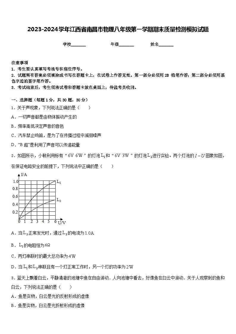 2023-2024学年江西省南昌市物理八年级第一学期期末质量检测模拟试题含答案第1页