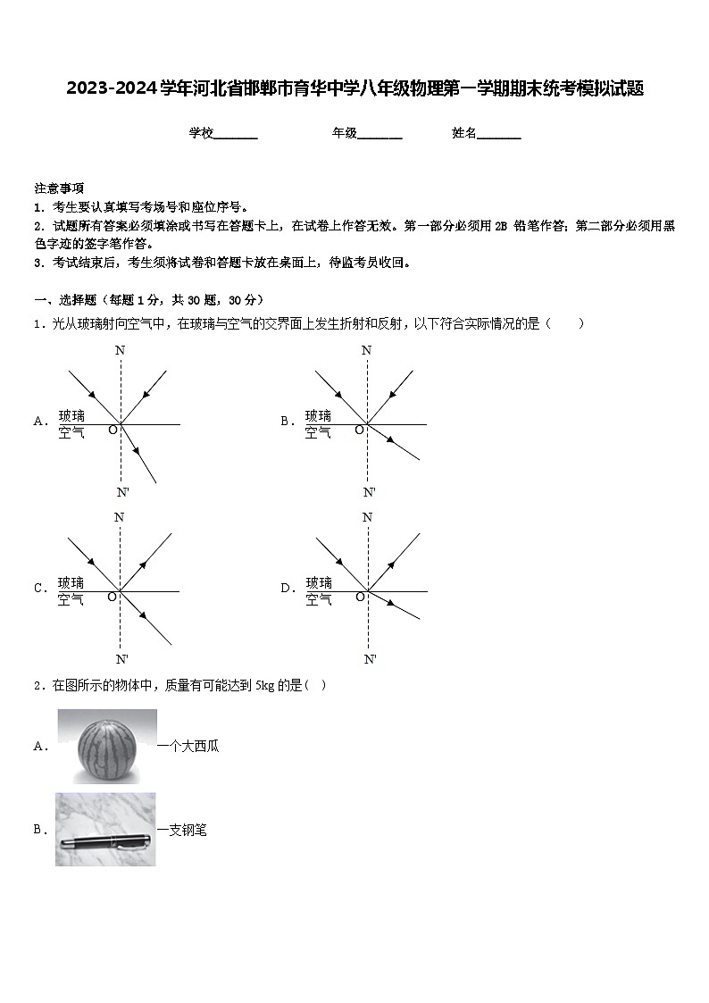 2023-2024学年河北省邯郸市育华中学八年级物理第一学期期末统考模拟试题含答案01