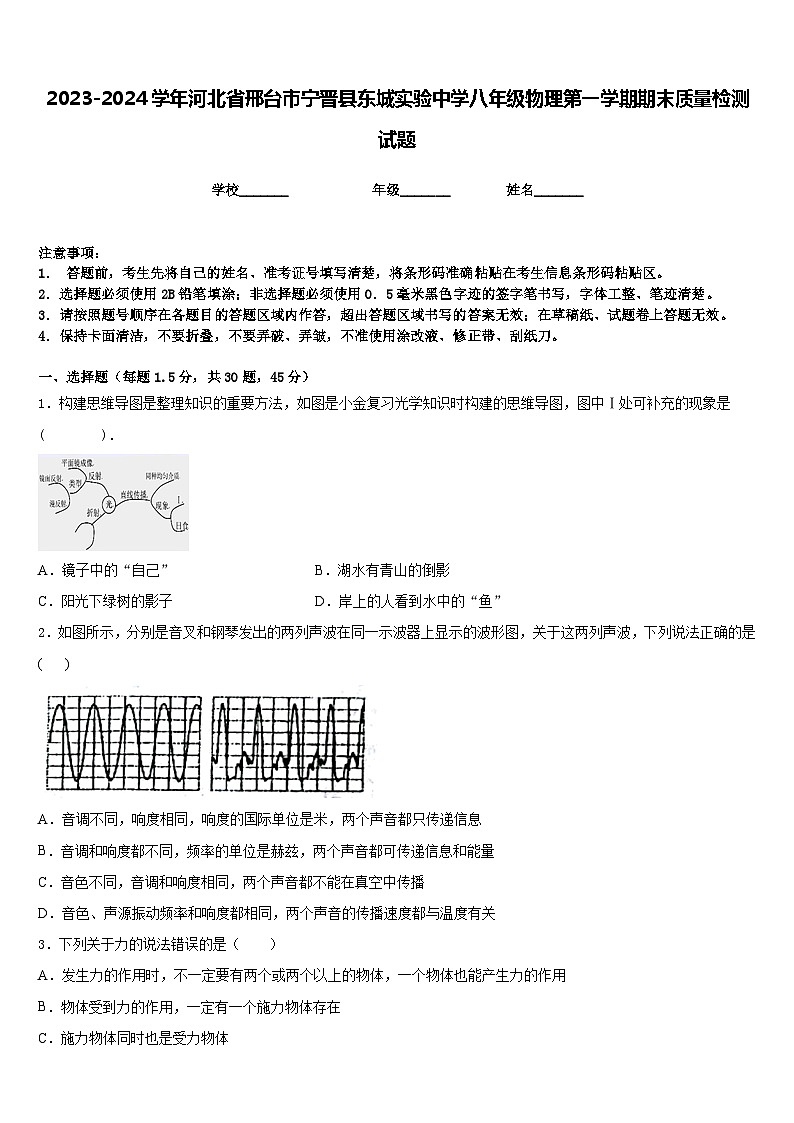 2023-2024学年河北省邢台市宁晋县东城实验中学八年级物理第一学期期末质量检测试题含答案第1页