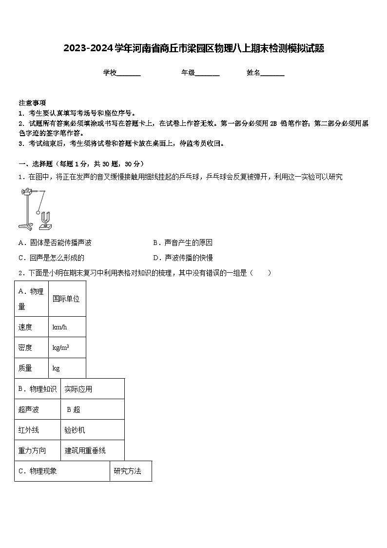 2023-2024学年河南省商丘市梁园区物理八上期末检测模拟试题含答案01