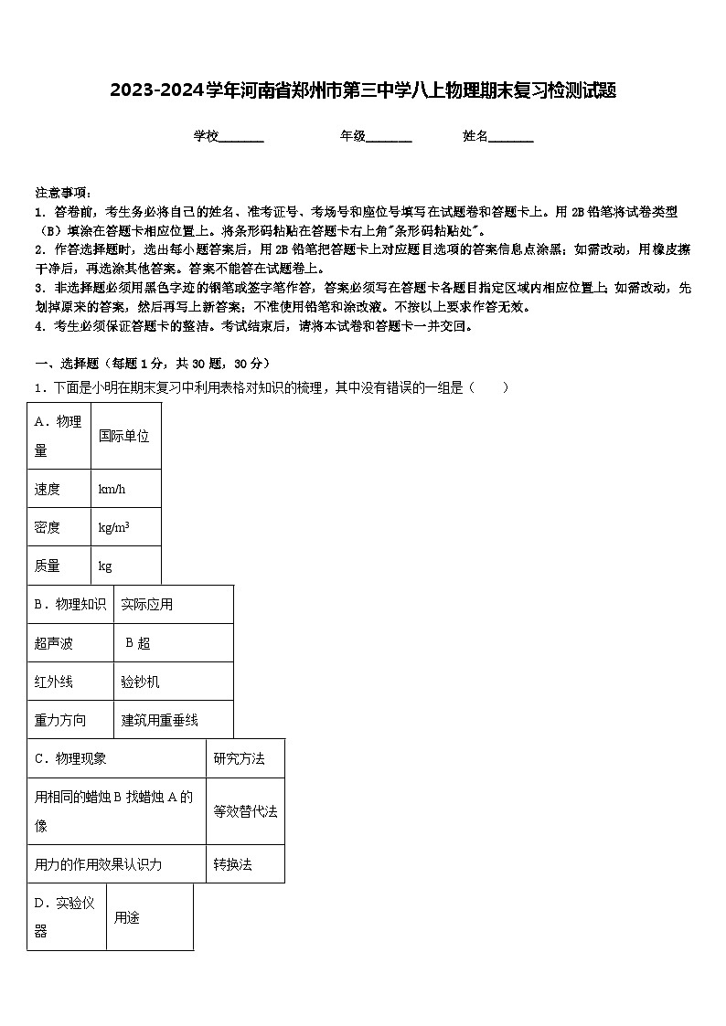 2023-2024学年河南省郑州市第三中学八上物理期末复习检测试题含答案第1页
