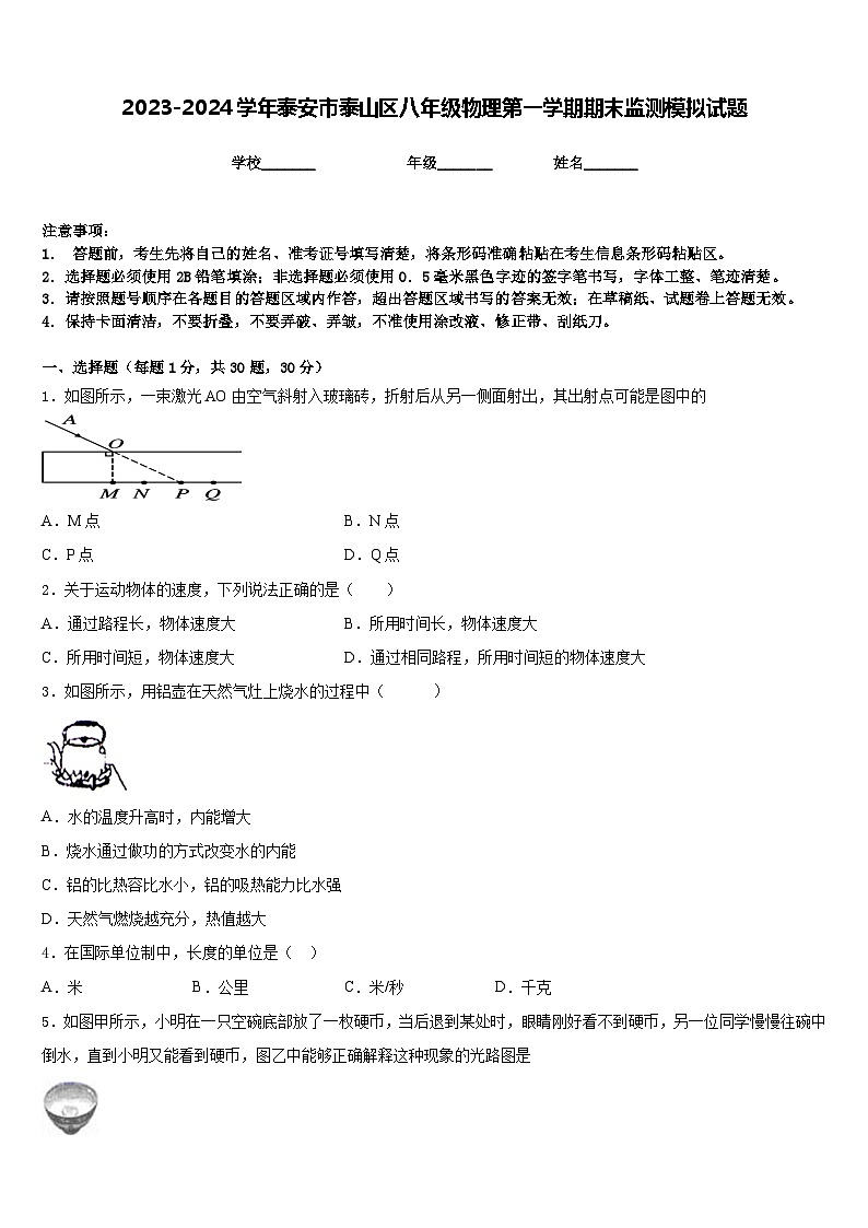 2023-2024学年泰安市泰山区八年级物理第一学期期末监测模拟试题含答案第1页