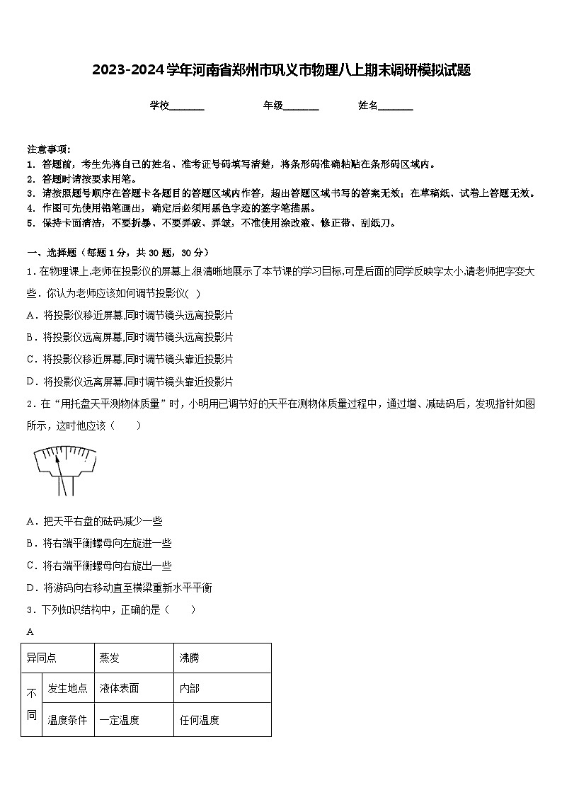 2023-2024学年河南省郑州市巩义市物理八上期末调研模拟试题含答案第1页