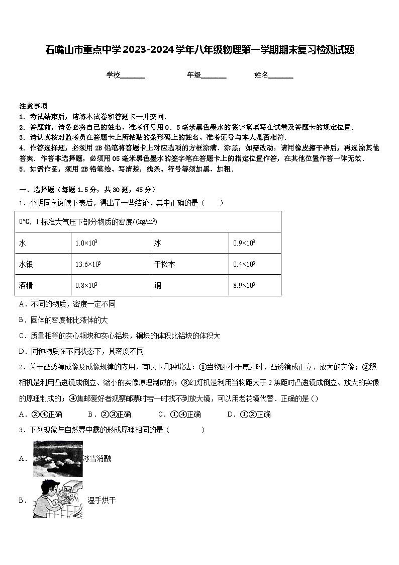 石嘴山市重点中学2023-2024学年八年级物理第一学期期末复习检测试题含答案第1页