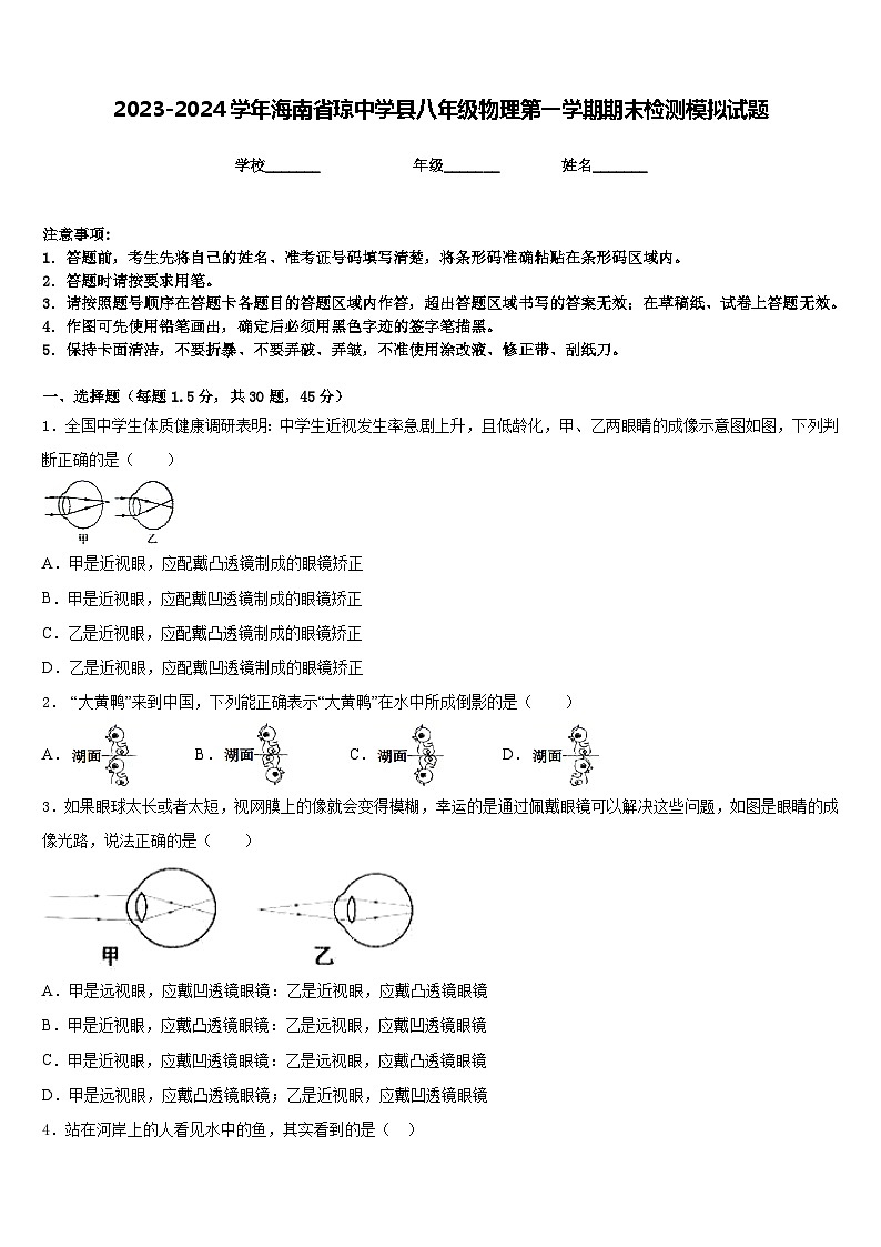 2023-2024学年海南省琼中学县八年级物理第一学期期末检测模拟试题含答案01