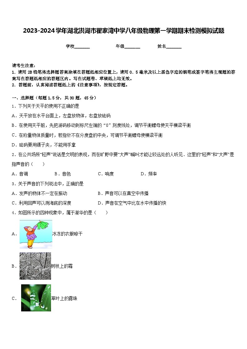 2023-2024学年湖北洪湖市瞿家湾中学八年级物理第一学期期末检测模拟试题含答案01