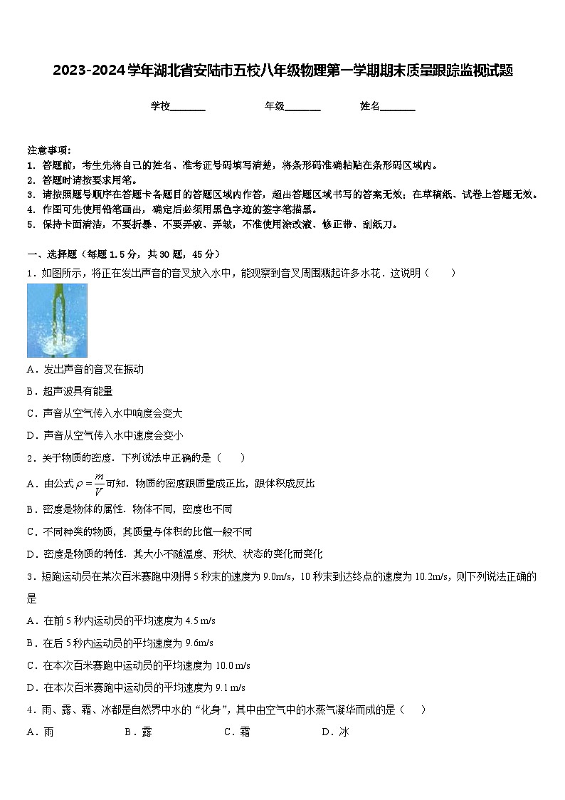 2023-2024学年湖北省安陆市五校八年级物理第一学期期末质量跟踪监视试题含答案01