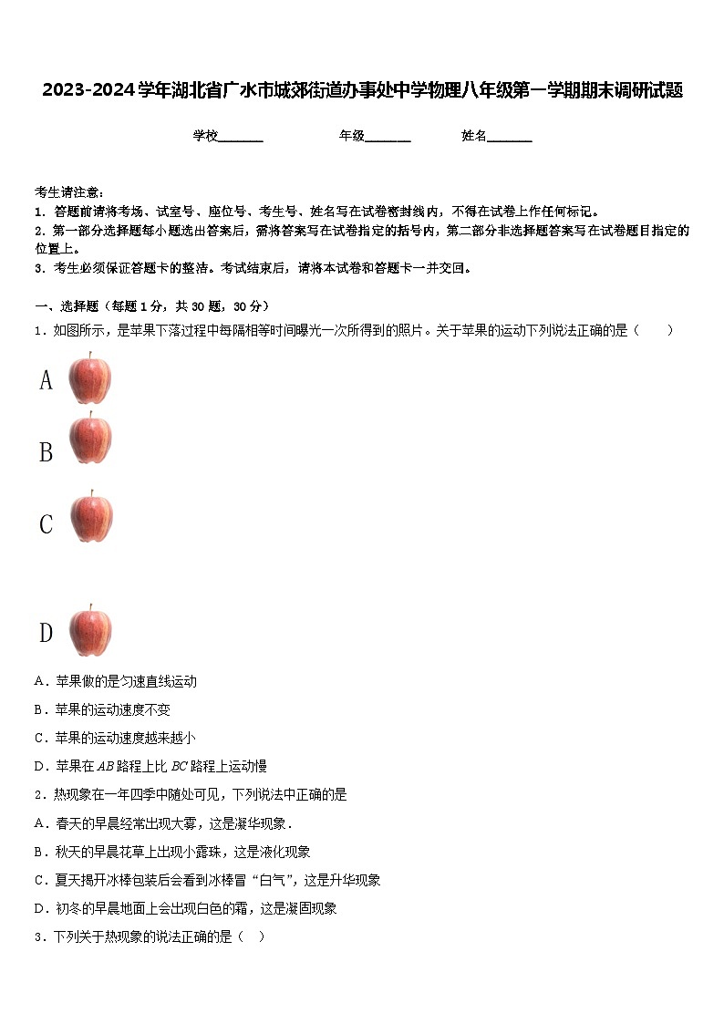 2023-2024学年湖北省广水市城郊街道办事处中学物理八年级第一学期期末调研试题含答案01