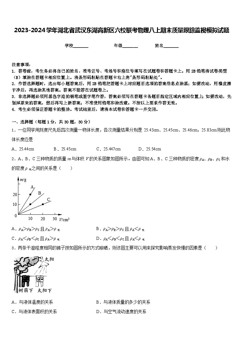 2023-2024学年湖北省武汉东湖高新区六校联考物理八上期末质量跟踪监视模拟试题含答案第1页