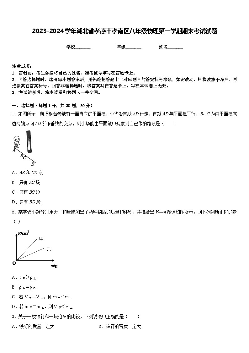 2023-2024学年湖北省孝感市孝南区八年级物理第一学期期末考试试题含答案第1页