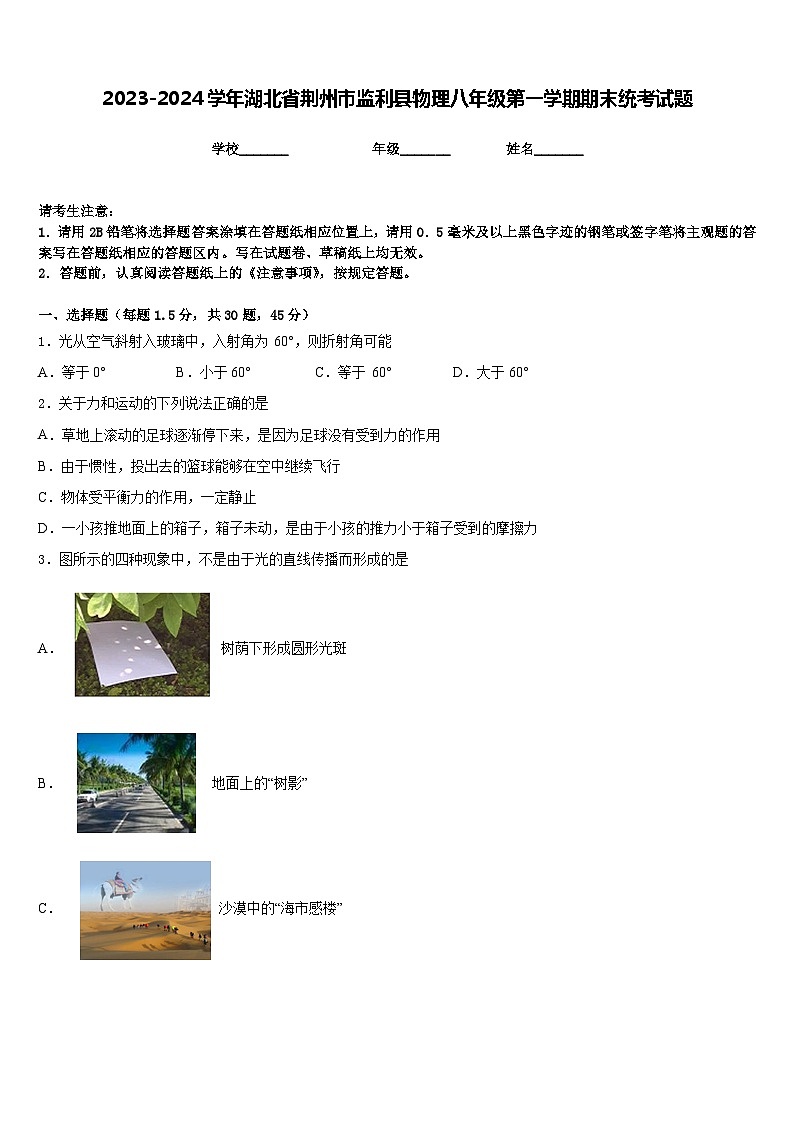 2023-2024学年湖北省荆州市监利县物理八年级第一学期期末统考试题含答案第1页