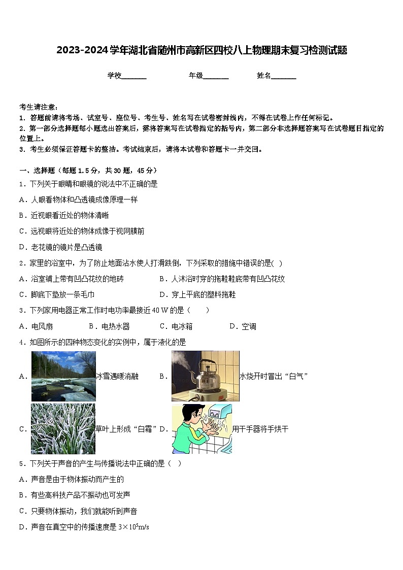 2023-2024学年湖北省随州市高新区四校八上物理期末复习检测试题含答案第1页