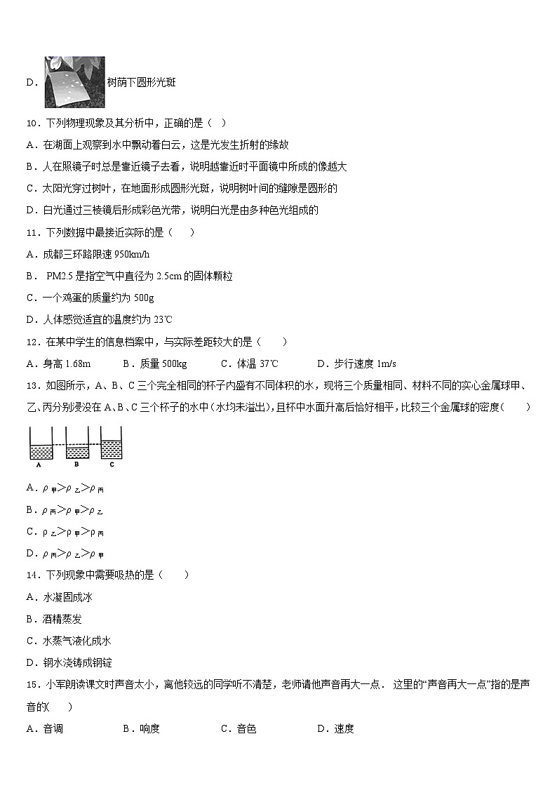 2023-2024学年湖北省随州市高新区四校八上物理期末复习检测试题含答案第3页