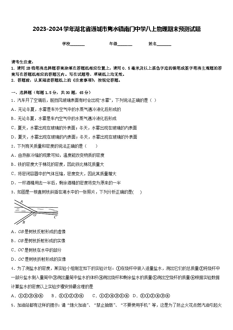 2023-2024学年湖北省通城市隽水镇南门中学八上物理期末预测试题含答案第1页