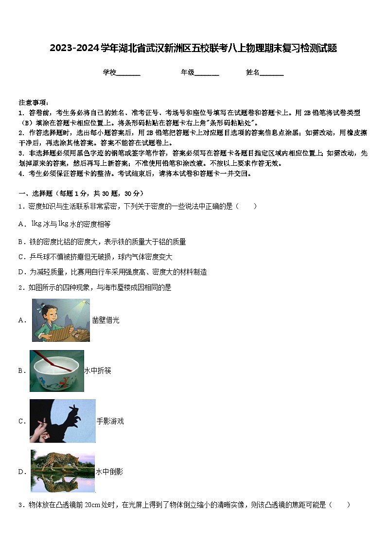 2023-2024学年湖北省武汉新洲区五校联考八上物理期末复习检测试题含答案第1页